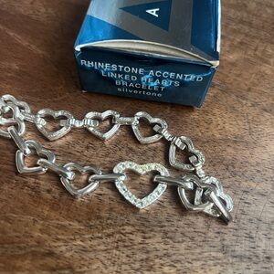 Vintage Avon Silver Tone Rhinestone Accented Linked Heart Bracelet